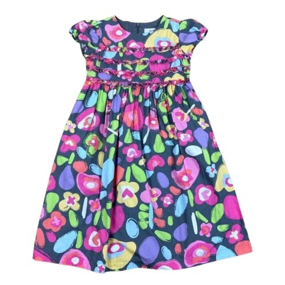 Hanna Andersson Floral Puff Sleeve Party Dress Gray Multicolor Ruffle Size 8